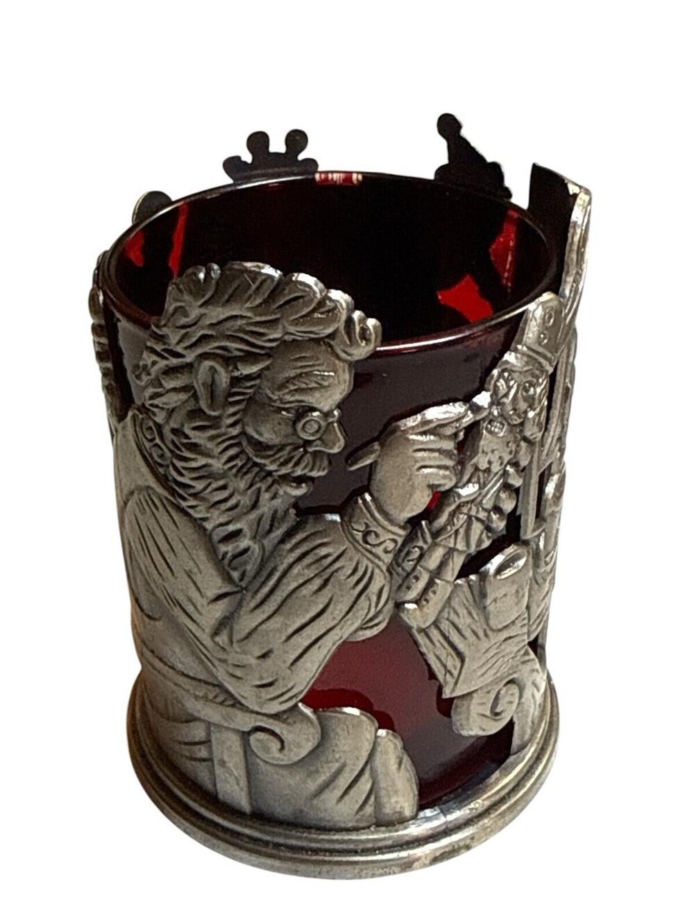 Home for the Holidays Santa Pewter Votive Holder Red Glass Christmas Vintage